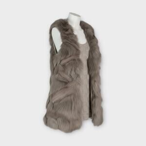 The Cue Faux Rabbit Fur & Knit Long Vest – Taupe Gray – One Size